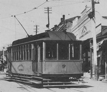 Trolly at the Alpha Building 1907, Grass Valley, CA.
